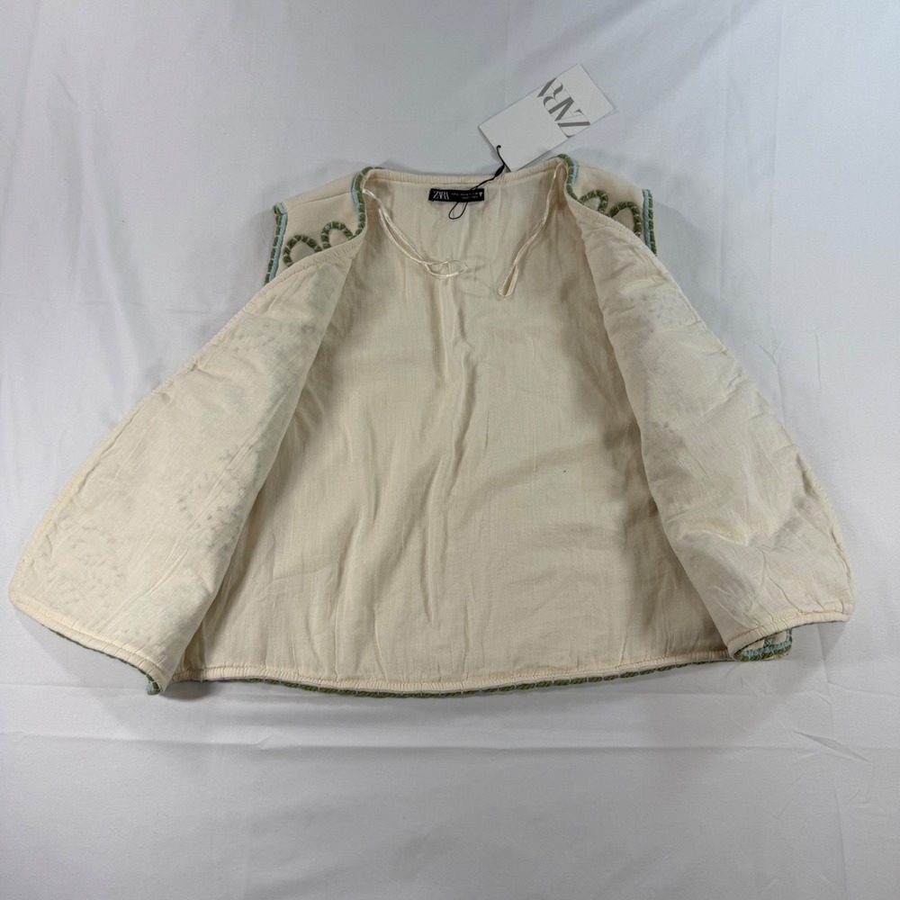 Zara Ecru Women Embroidered Floral Mirror Vest Cream Green Blue Cotton NWT Large - Picture 12 of 12